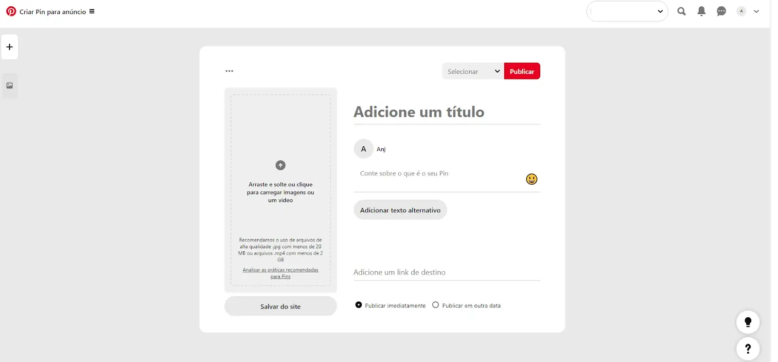 Interface do Pinterest com a opção de adicionar um título e link a um Pin, destacando as instruções e recomendação para melhorar o engajamento.
