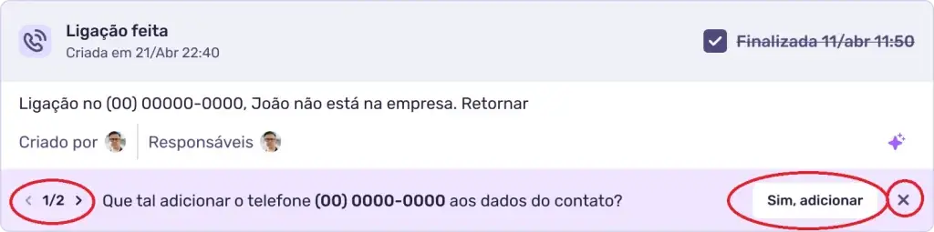 Captura de tela mostrando uma ligação feita registrada, com opção de adicionar um número ao contato. Ideal para gestão de contatos e telefonia.