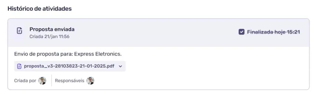 Histórico de atividades mostrando proposta enviada para a empresa Express Electronics, com detalhes sobre a criação e finalização do documento.