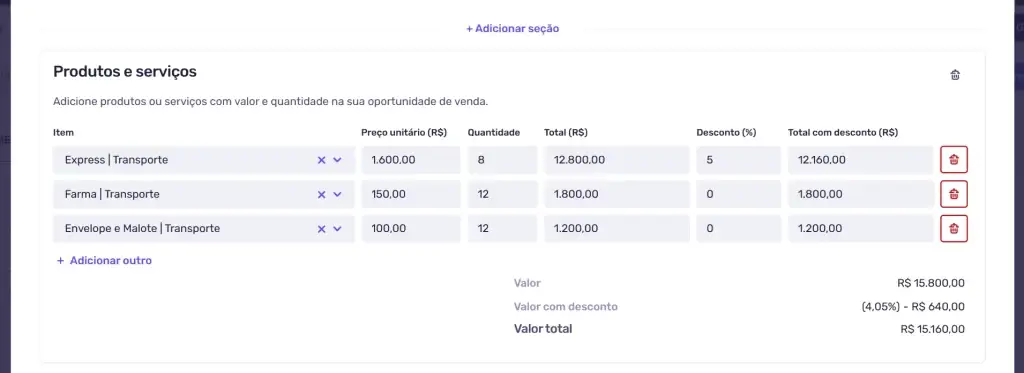 Imagem detalhando produtos e serviços relacionados ao transporte, com preços unitários, quantidades e totais, incluindo descontos.