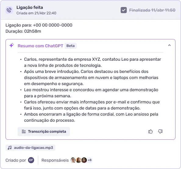 Resumo de ligação realizada entre Carlos da empresa XYZ e Leo sobre nova linha de produtos de tecnologia. Discussão sobre benefícios de dispositivos em nuvem e laptops.