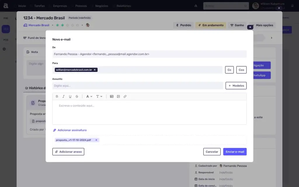 Tela de e-mail no Mercado Brasil mostrando o envio de uma mensagem com detalhes como remetente, destinatário e assunto, ideal para gestão de propostas.
