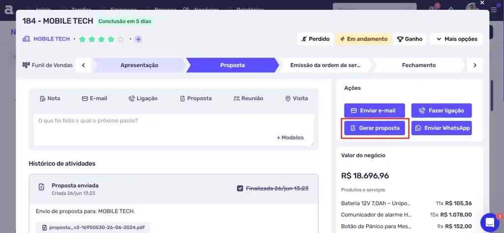 Tela do sistema Mobile Tech mostrando a seção de propostas com opções de ações como gerar proposta e enviar e-mail. Ideal para gestão de vendas e propostas comerciais.