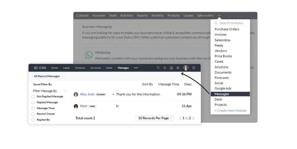 Imagem do painel de mensagens do software de CRM Zoho, evidenciando a interação entre usuários e a filtragem de mensagens.