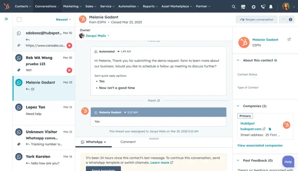 Screenshot mostrando a comunicação e informações de contato pelo Hubspot, destacando interações no sistema de gerenciamento.
