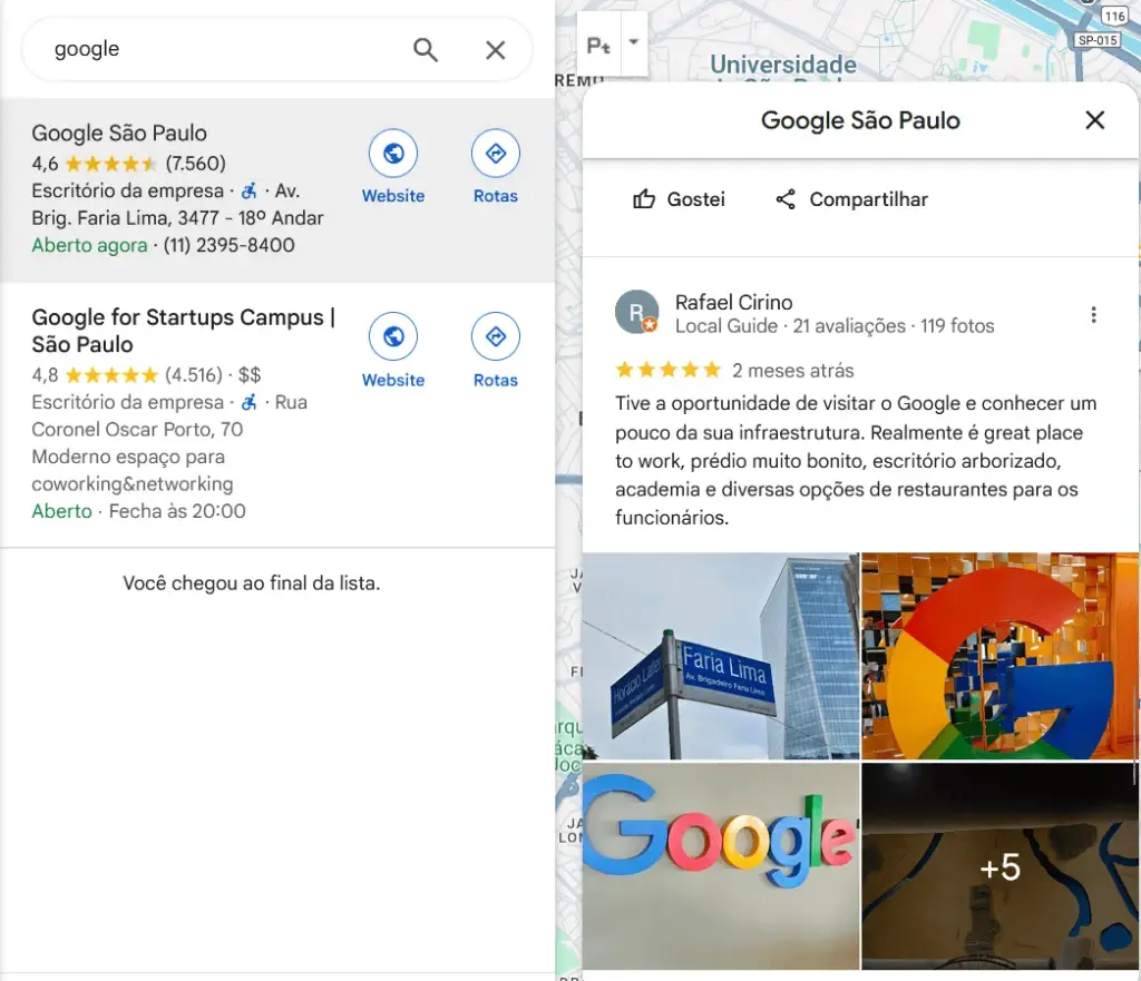	
Imagem mostrando pesquisa do Google Meu Negócio para empresas em São Paulo, destacando avaliações, endereços e fotos de locais como escritórios e pontos turísticos.