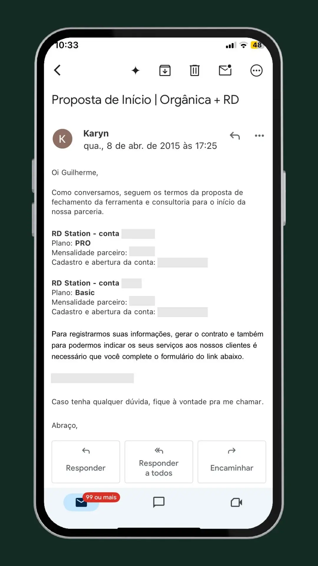 Imagem de email de proposta de início de parceria Orgânica e RD Station para automação de marketing digital.
