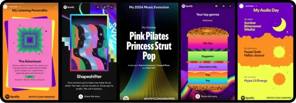 Spotify Wrapped. 	
Coleção de imagens de playlists de música do Spotify destacando diferentes gêneros musicais, evolução musical e dia de áudio com cores vibrantes.
