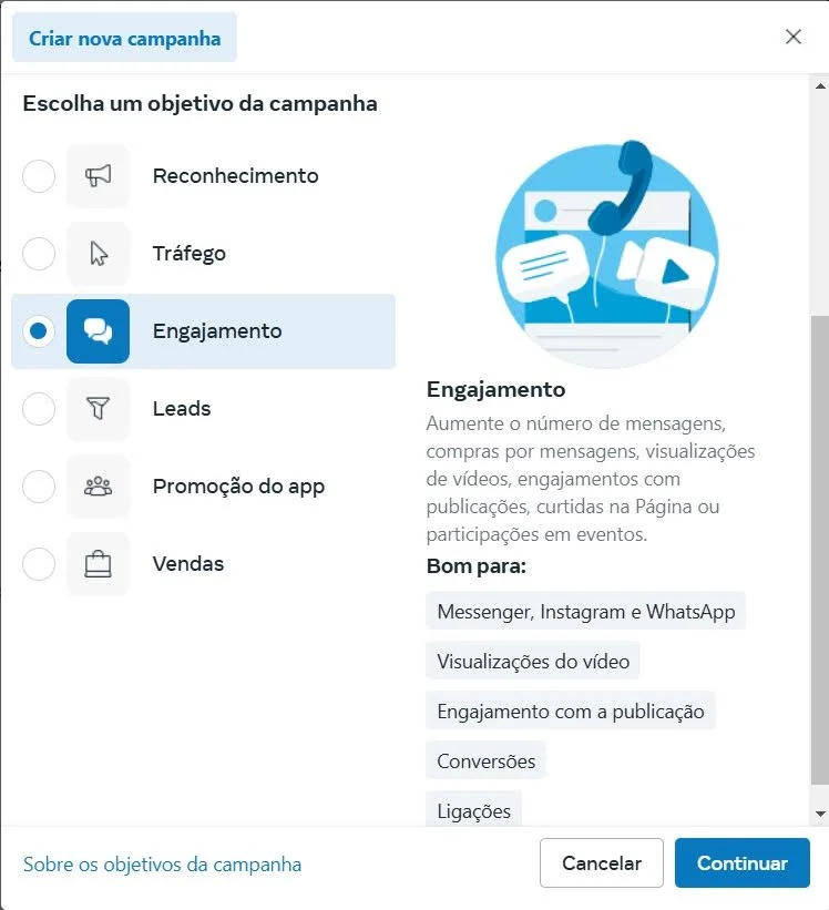 Objetivo anuncio Engajamento Meta Ads