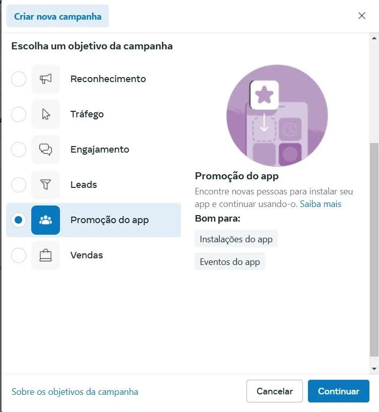 Objetivo anuncio Promoção no App Meta Ads