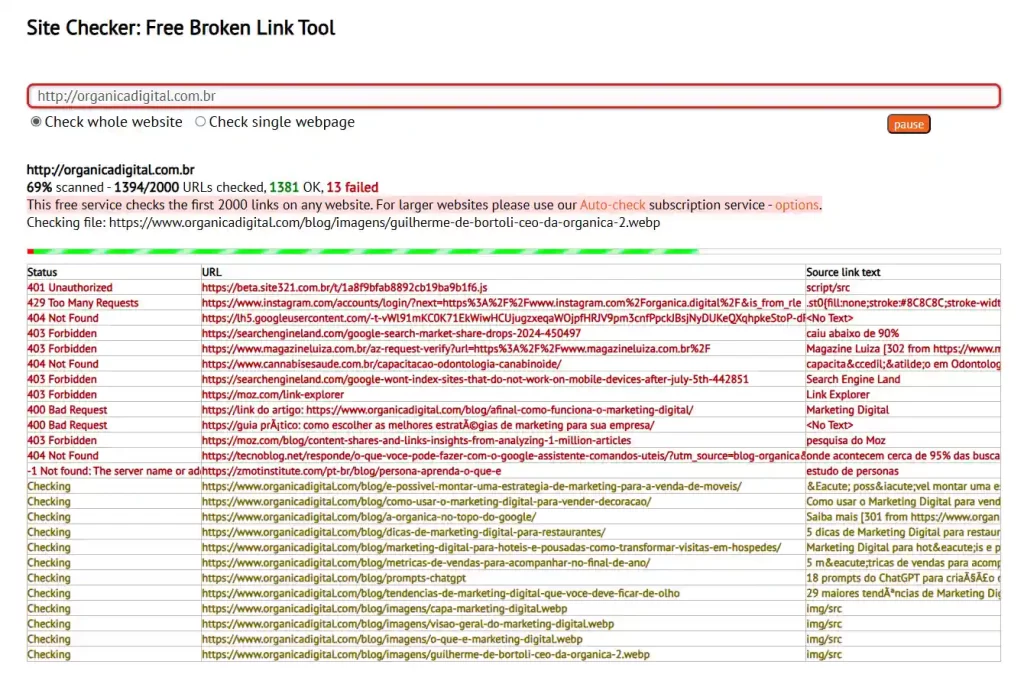 Imagem mostrando ferramenta de verificação de links quebrados (Deadlink Checker) com resultados de links, status e recomendações, incluindo links para verificar a saúde de websites.