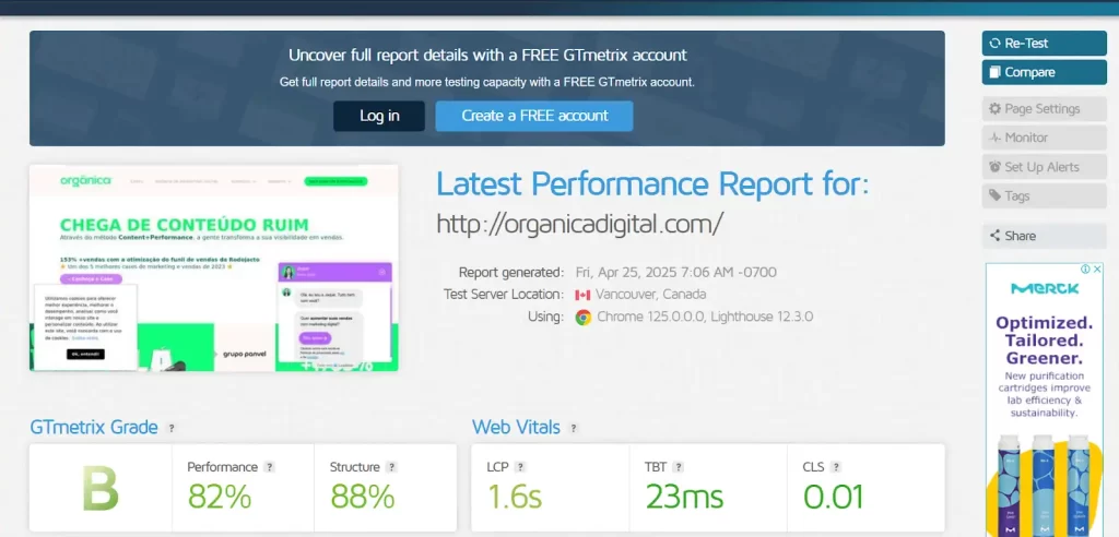 Relatório de desempenho de SEO para organicodigital.com na GTMetrix mostra pontuação de 82% na Performance, 88% na Estrutura, indicando boas práticas de otimização.