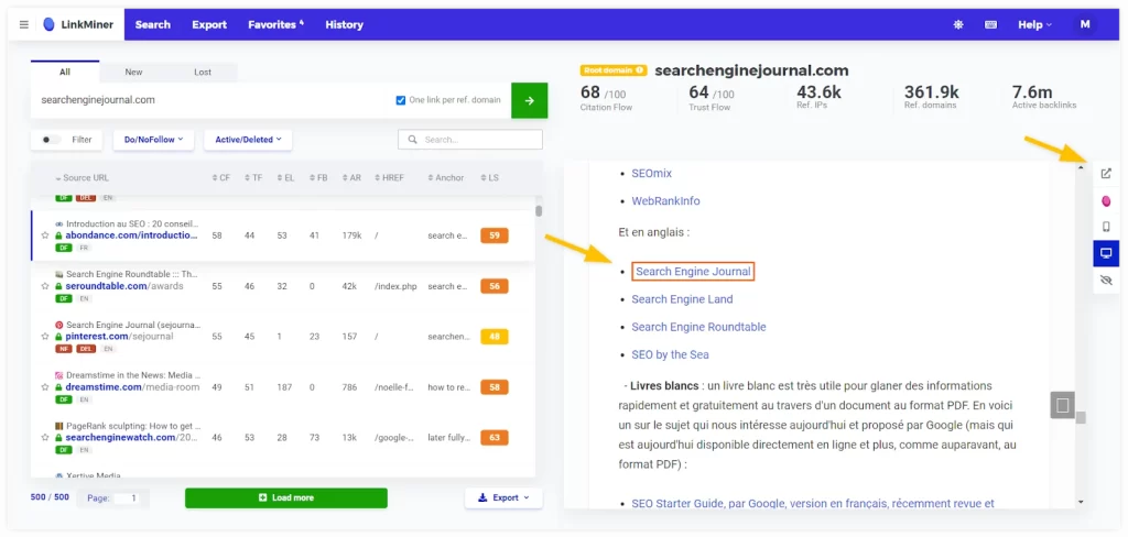 Tela do LinkMiner análise de backlinks e autoridade de página, destacando métricas de SEO como domínio de referência, backlinks e tráfego, voltado para otimização de sites.