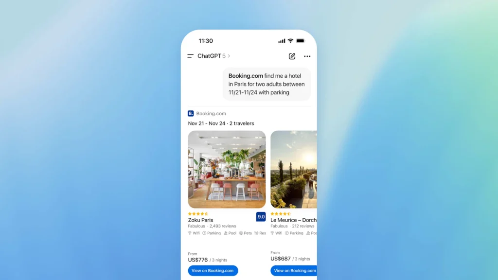 Interface do ChatGPT exibindo resultados de busca de hotéis do Booking.com para uma estadia em Paris, de 21 a 24 de novembro, para dois adultos, com opções de estacionamento.