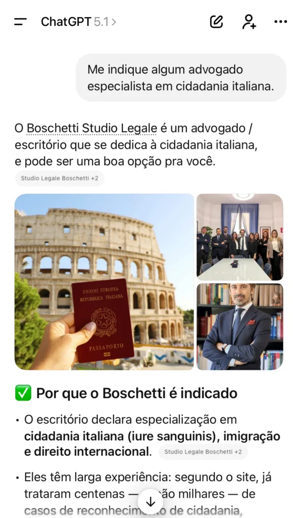 Busca no ChatGPT: indicação de advogado especialista em cidadania italiana