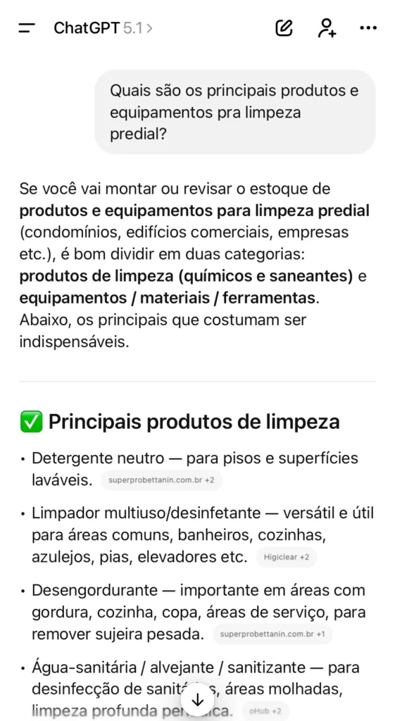 Busca no ChatGPT: principais produtos e equipamentos para limpeza predial